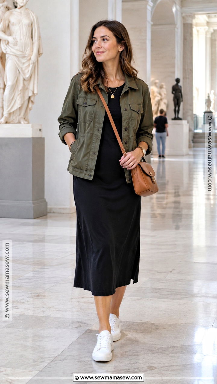 Utility Jacket With Midi Dress And Sneakers - 20 Fall Comfortable Outfits