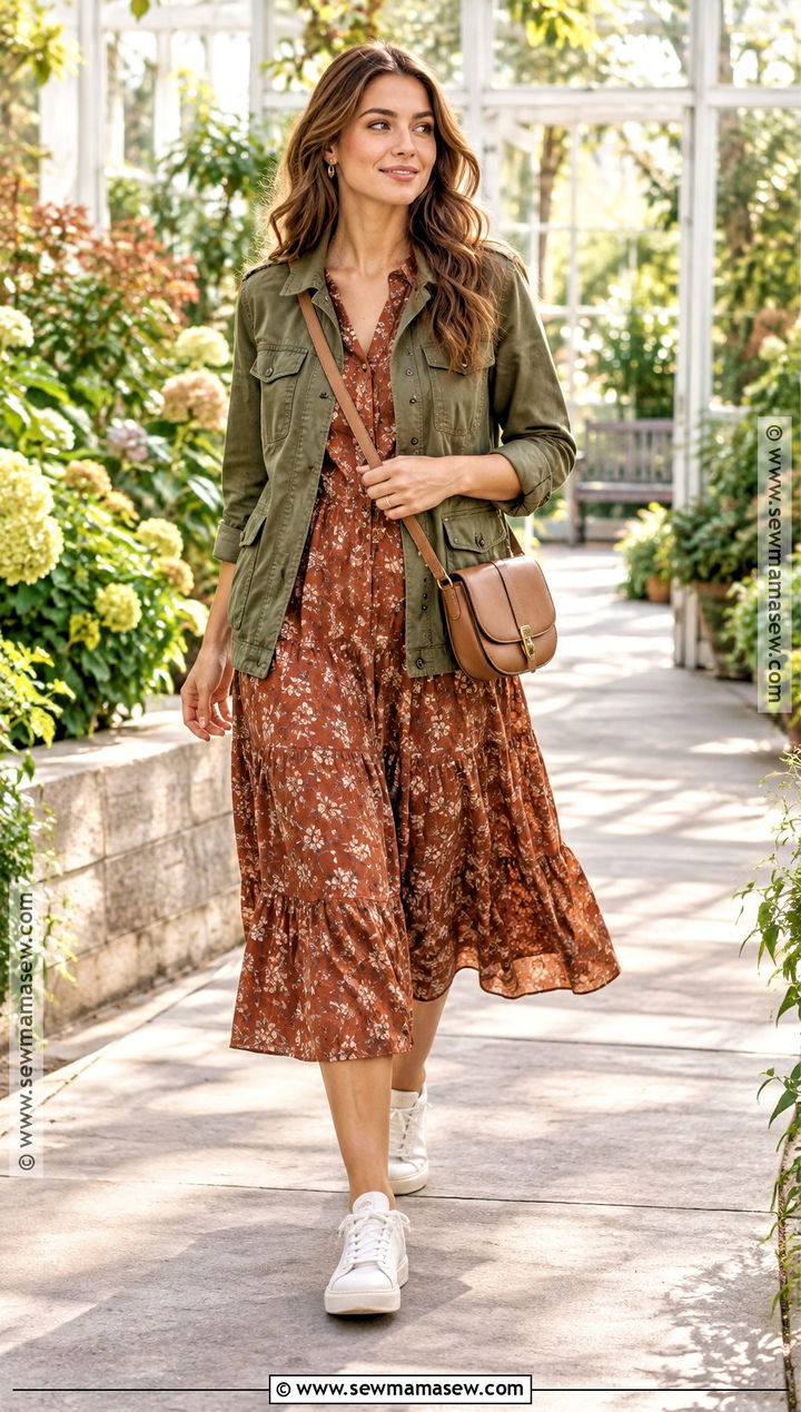 Utility Jacket With Midi Dress And Sneakers - 15 Fall Style 2026 Midsize Ideas