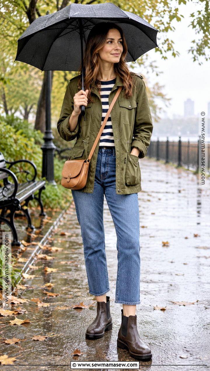 Utility Jacket With Striped Shirt And Rain Boots - 20 rainboots outfit fall ideas