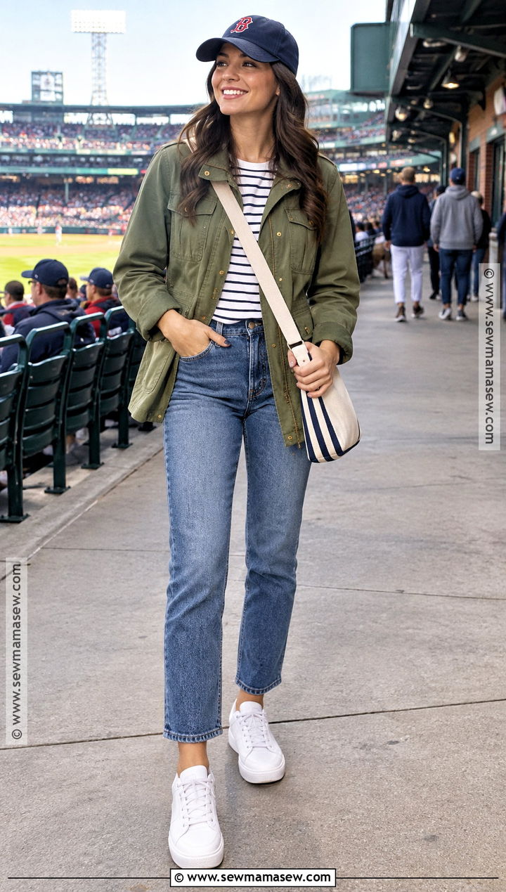 Utility Jacket With Striped Tee And Ankle Jeans - 20 baseball game outfit fall ideas