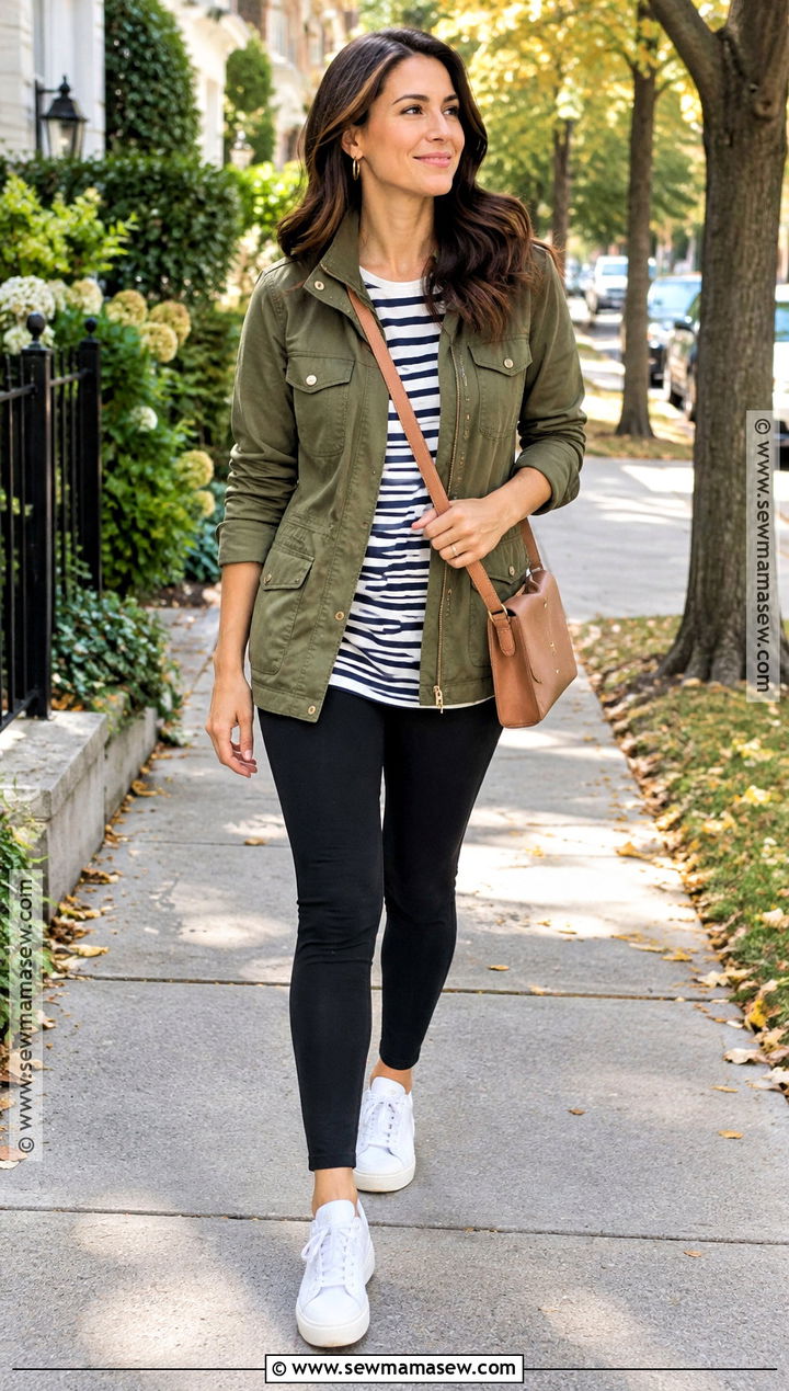 Utility Jacket With Striped Tee And Leggings - 30 comfy fall outfits