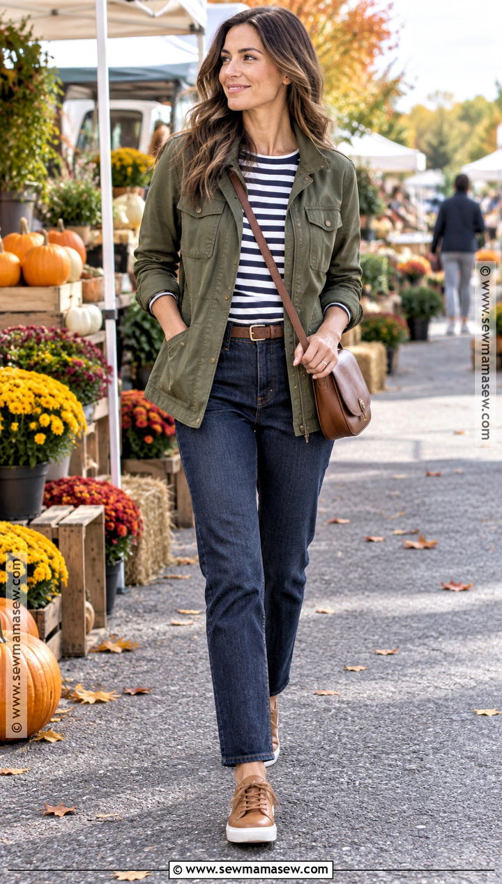 Utility Jacket With Striped Top And Jeans - 25 fall day outfit ideas