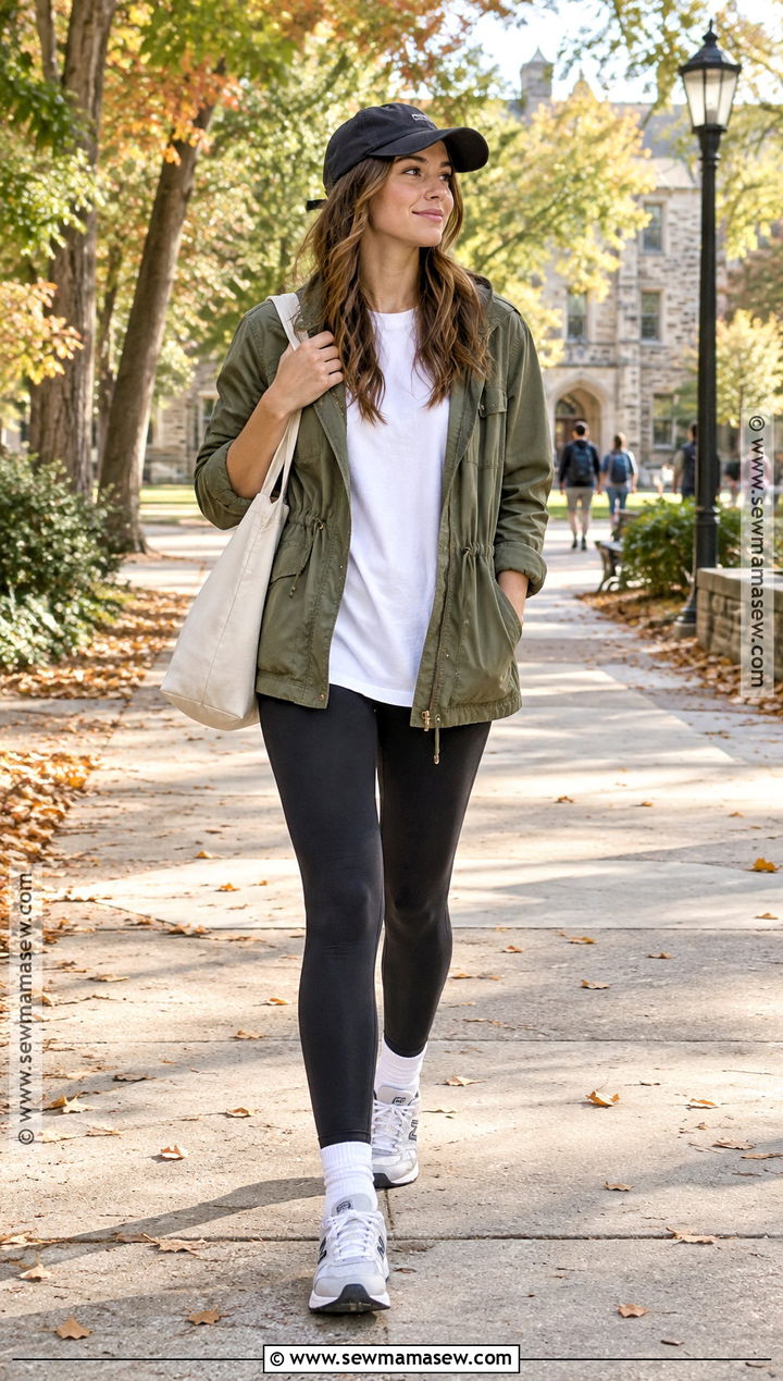 Utility Jacket and Black Leggings Fall Class Outfit - 25 fall class outfits