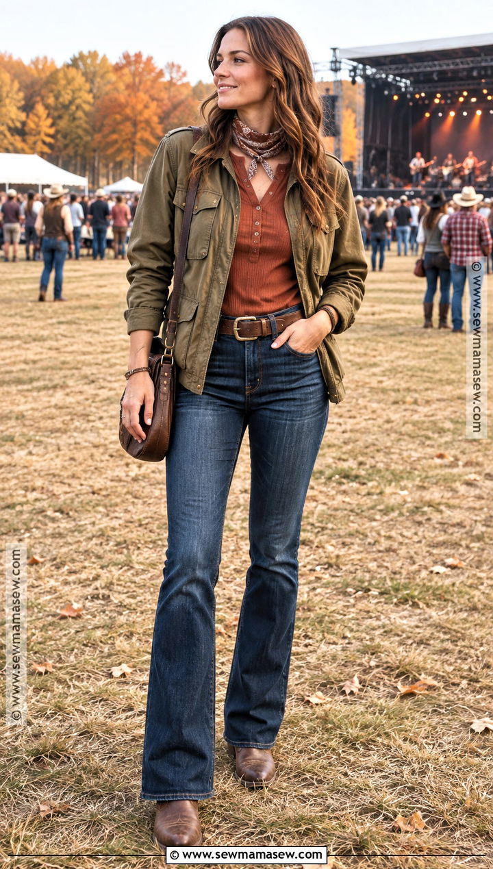 Utility Jacket and Bootcut Jeans Country Festival Outfit - 20 country festival outfit fall ideas