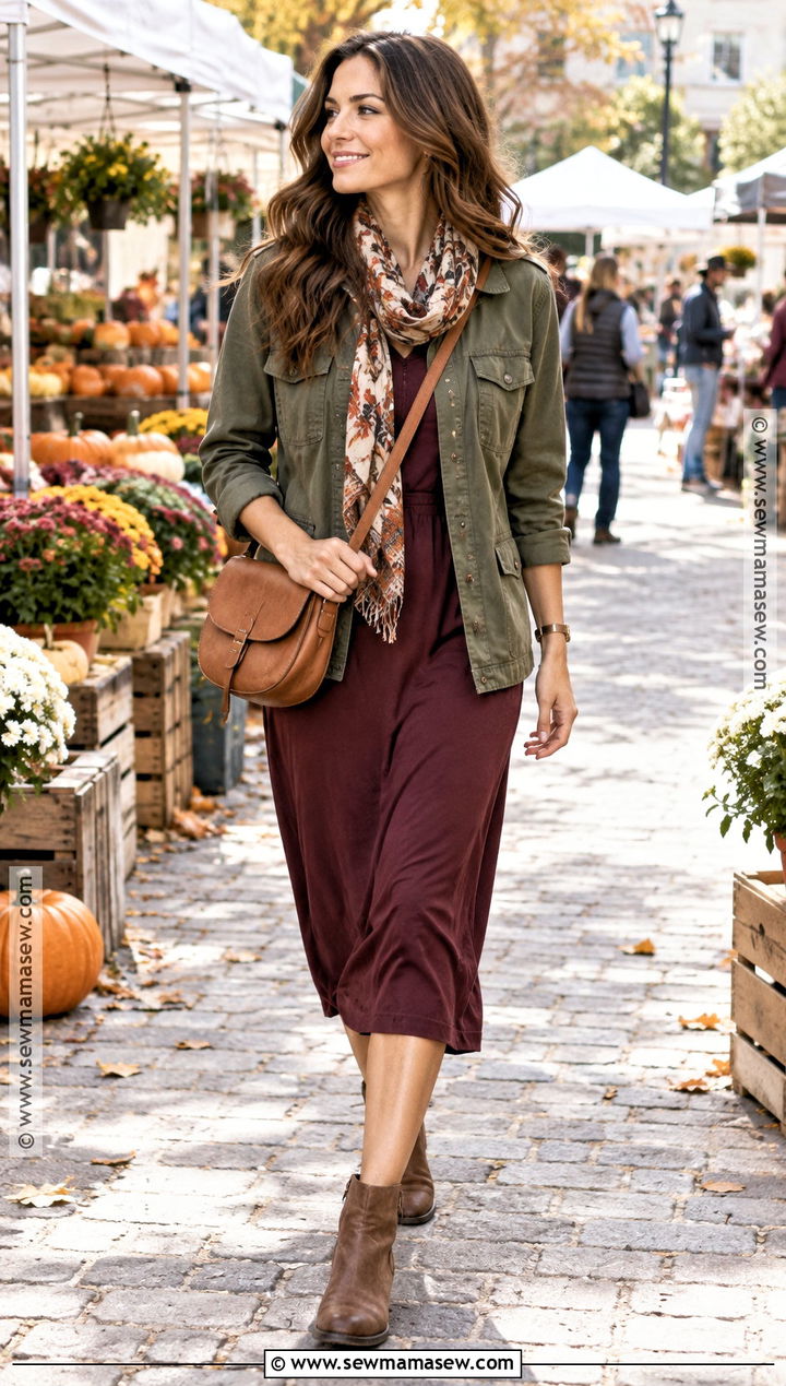 Utility Jacket and Midi Dress Fall Travel Outfit - 15 Chic Fall Travel Outfits