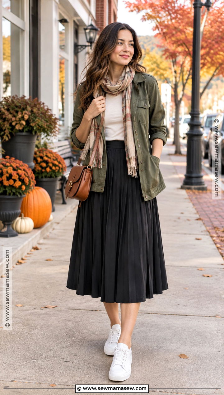 Utility Jacket and Midi Skirt Fall Outfit - 15 fall weekend getaway outfits capsule wardrobe