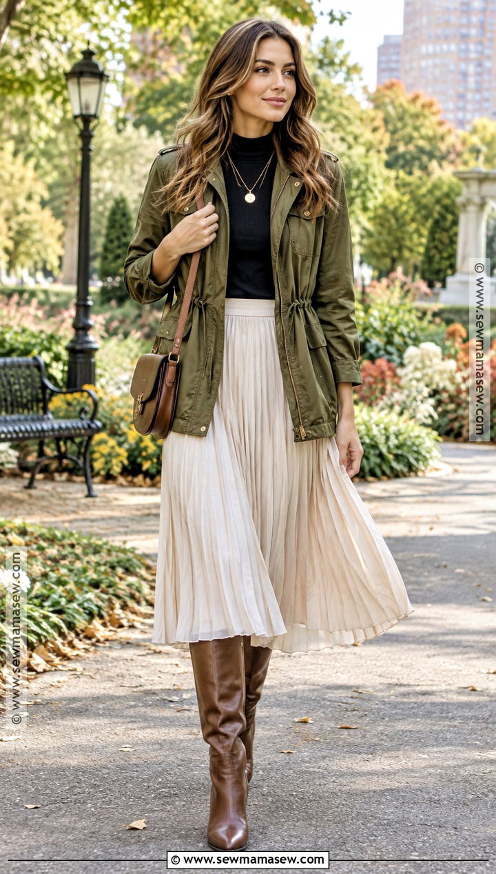 Utility Jacket and Pleated Skirt Fall Outfit - 20 fall it girl outfits
