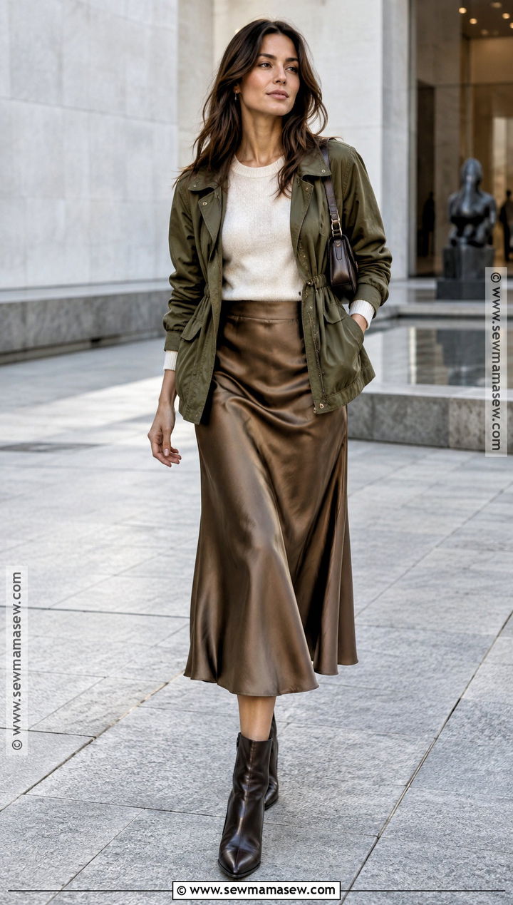 Utility Jacket and Satin Midi Skirt Fall Outfit - 25 trendy fall outfits