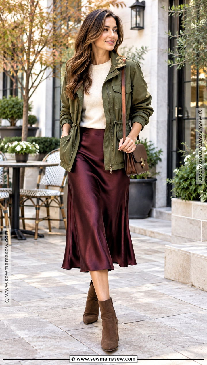 Utility Jacket and Satin Skirt Autumn Outfit - 15 stylish outfits for autumn