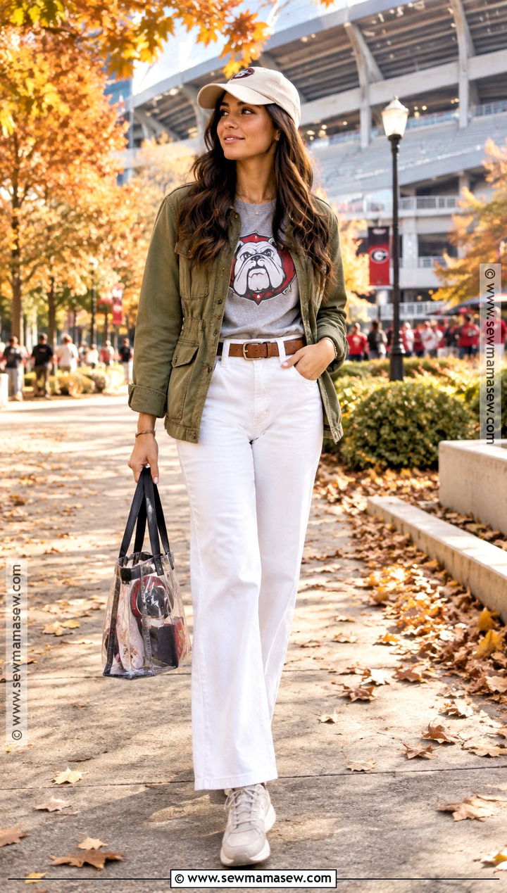 Utility Jacket and White Jeans Game Day Outfit - 20 fall college football game outfit ideas