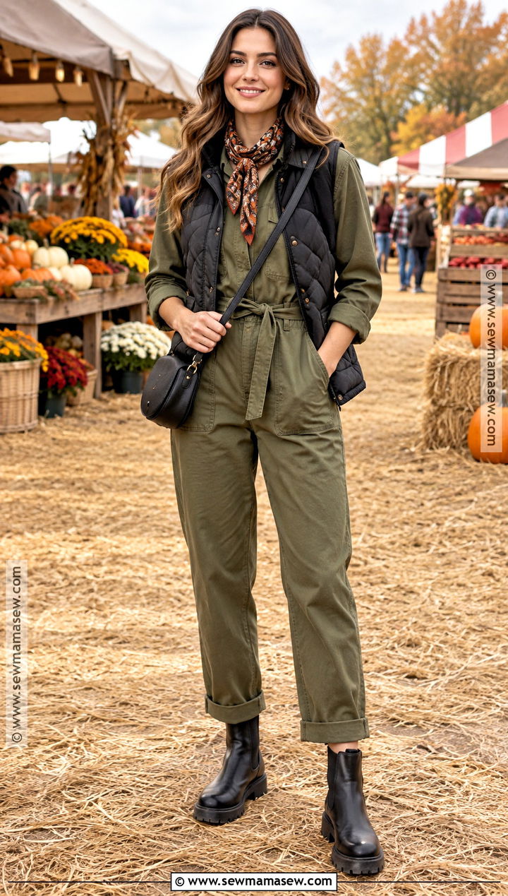 Utility Jumpsuit And Ankle Boots Outfit - 20 festival fall outfit ideas