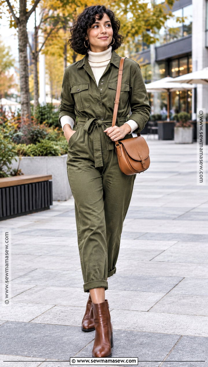 Utility Jumpsuit And Ankle Boots Outfit With Short Hair - 15 fall outfits with short hair