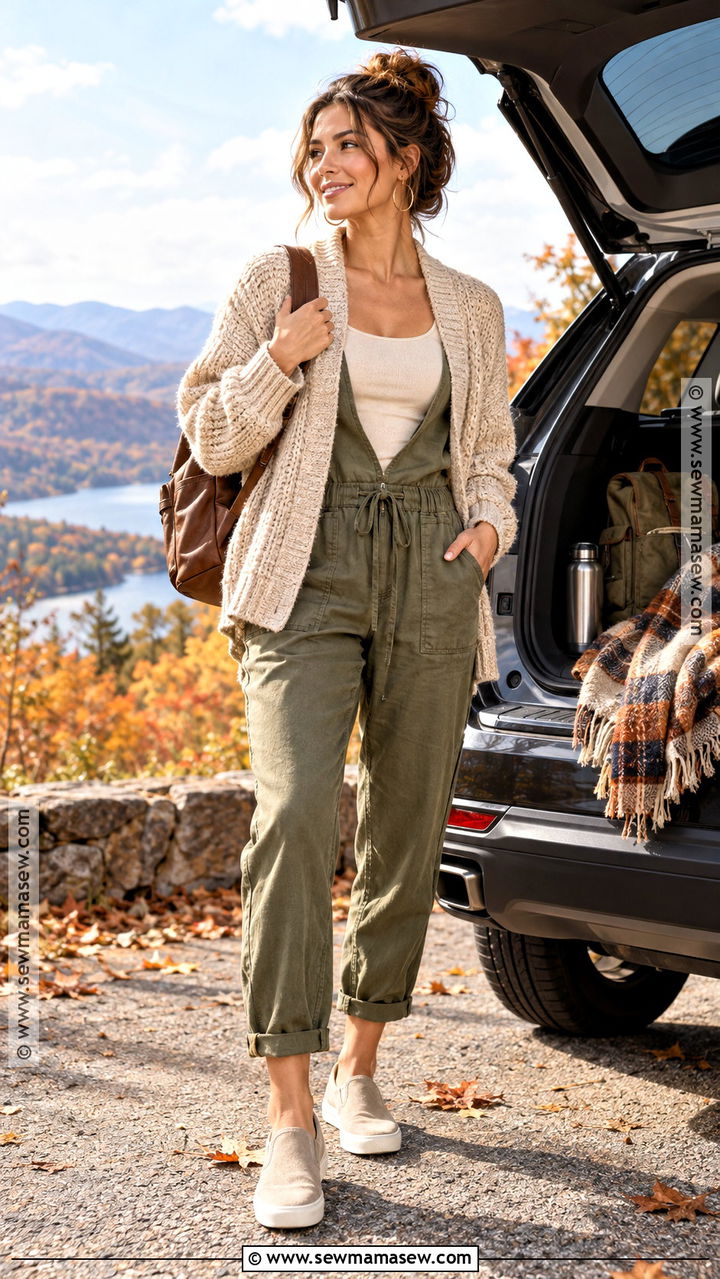 Utility Jumpsuit And Cardigan Road Trip Outfit - 20 road trip outfit fall ideas