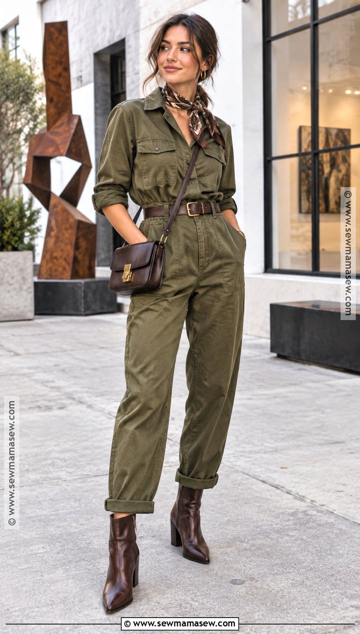 Utility Jumpsuit And Heeled Boots Fall Outfit - 15 creative fall outfits