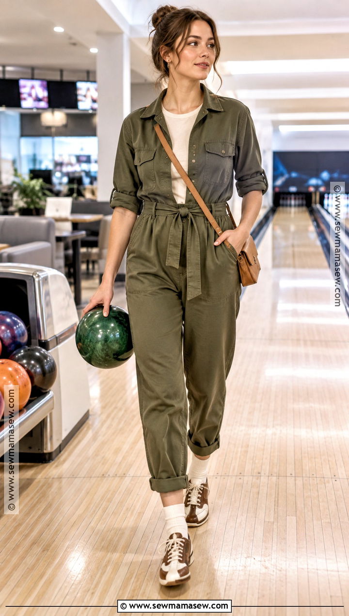 Utility Jumpsuit And Layered Tee Bowling Outfit - 15 bowling outfit ideas fall