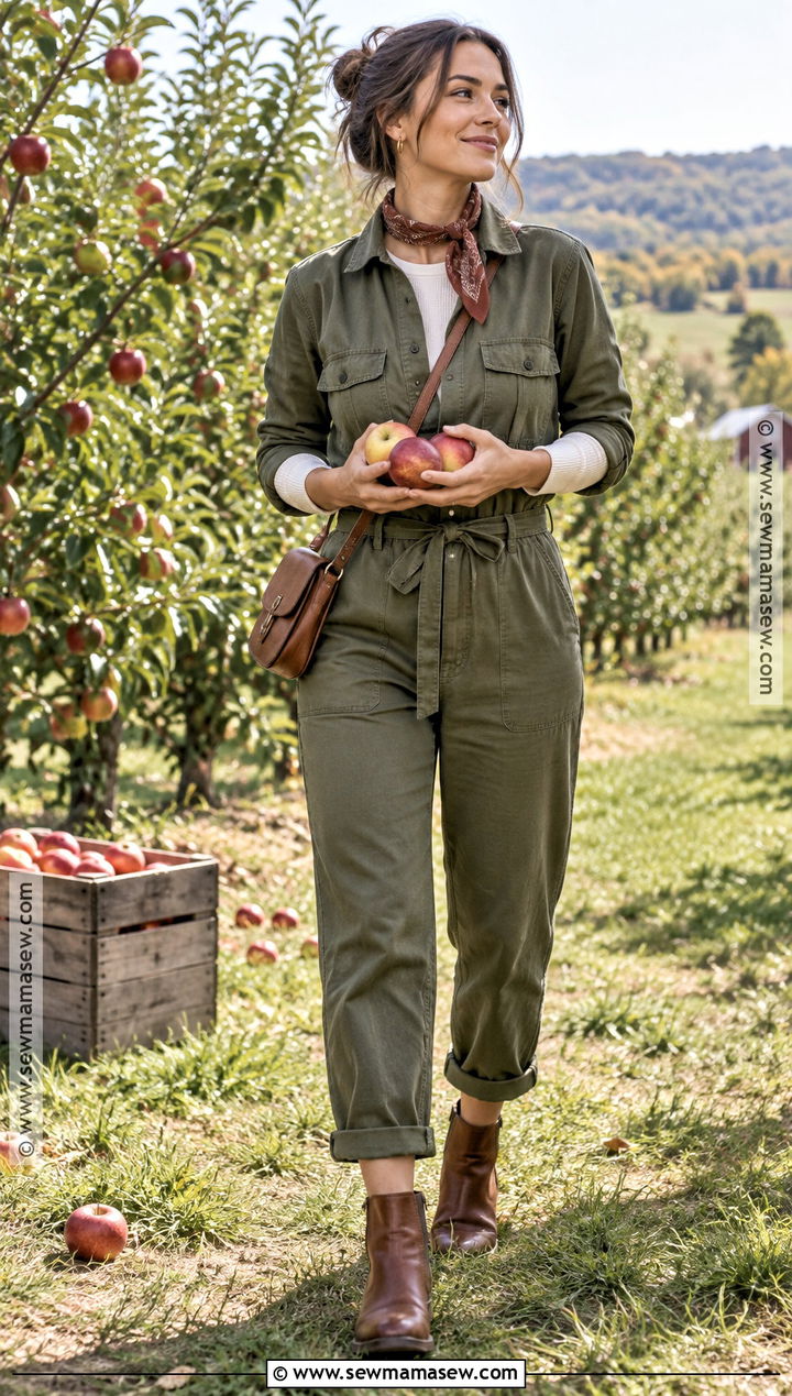 Utility Jumpsuit Apple Picking Outfit With Ankle Boots - 20 Apple Picking Outfits Fall