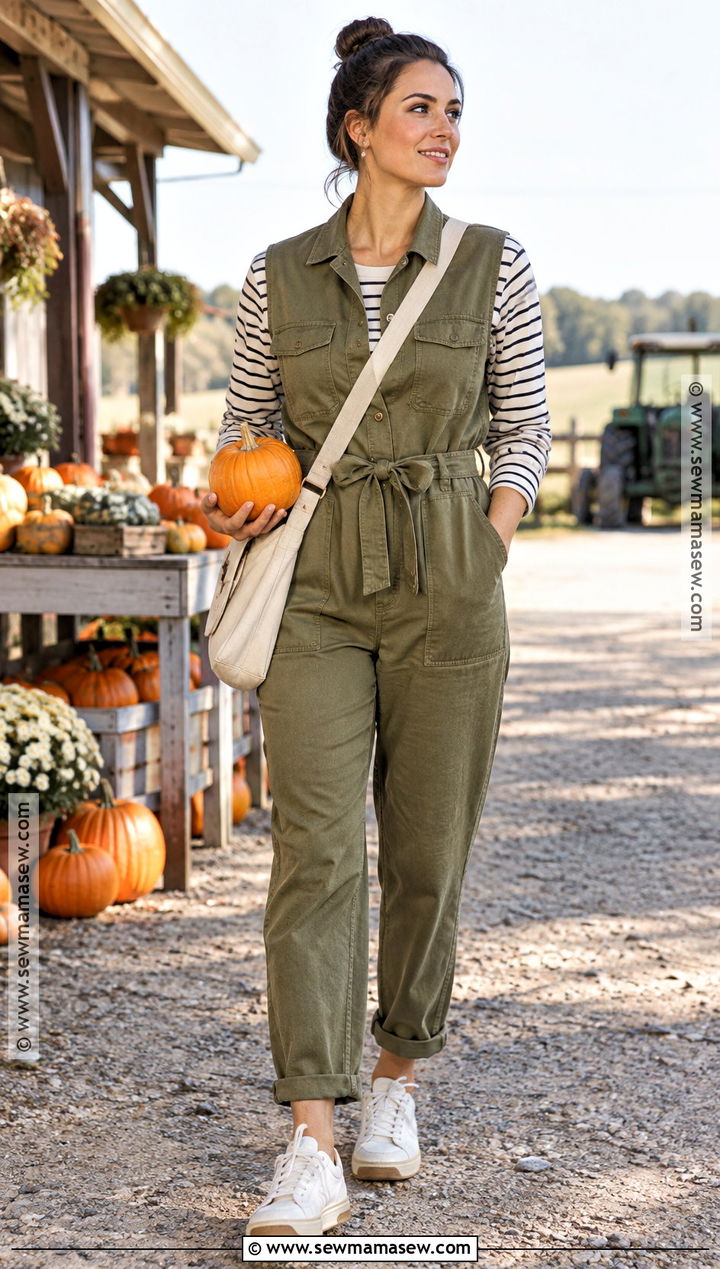 Utility Jumpsuit With A Layered Tee And Sneakers - 15 Pumpkin Patch Outfit Ideas for Women 2026