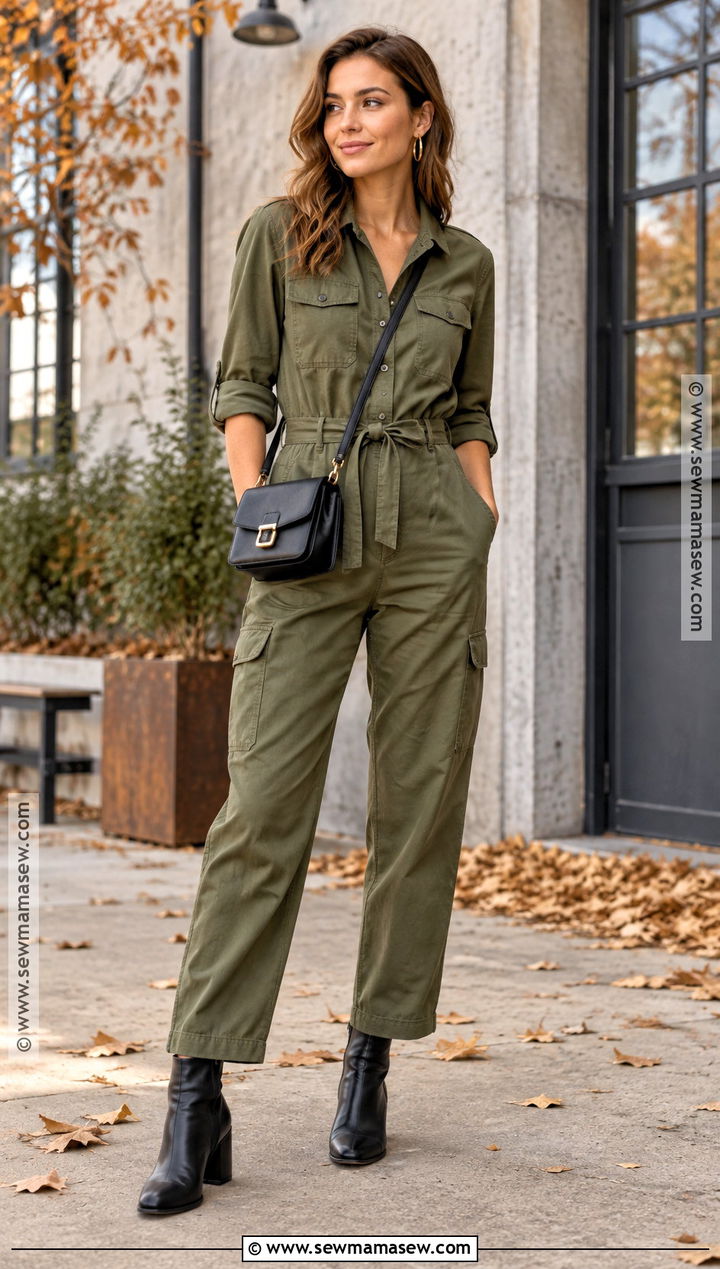 Utility Jumpsuit With Heeled Boots Outfit - 25 autumn outfits 2026 trends
