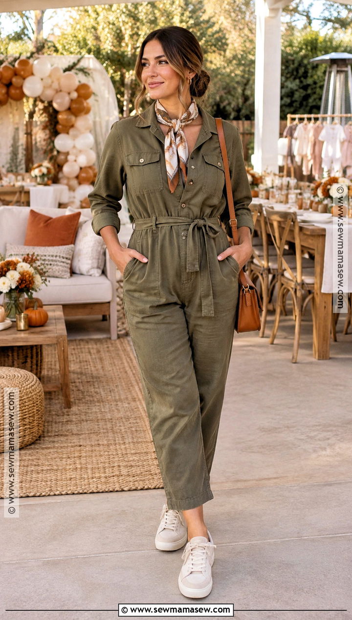 Utility Jumpsuit With Scarf and Sneakers - 25 baby shower outfit for guest fall casual ideas