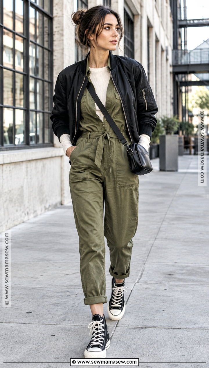 Utility Jumpsuit and High Top Sneakers Outfit - 15 Fall Outfits Streetwear for Women
