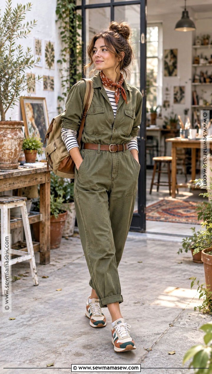 Utility Jumpsuit and Retro Sneakers Indie Fall Outfit - 20 indie fall outfits