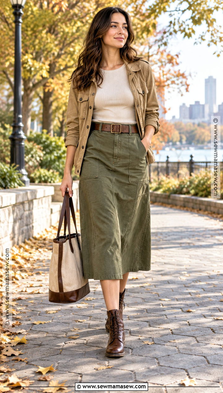 Utility Midi Skirt With Ribbed Top And Field Jacket - 30 fall skirt outfits