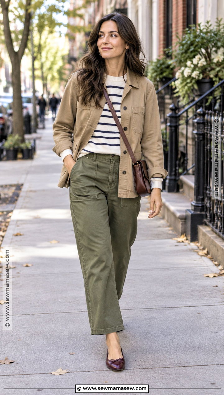 Utility Pants And Striped Sweater With Ballet Flats - 20 fall ballet flats outfit ideas