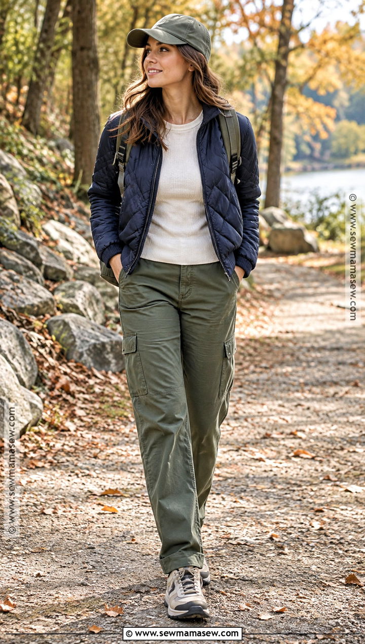 Utility Pants With Quilted Jacket and Hiking Sneakers - 25 Autumn Outfits Pants
