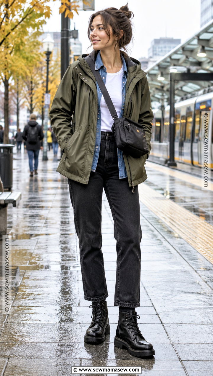 Utility Rain Jacket With Denim Shirt And Black Jeans - 15 fall outfits for rainy days