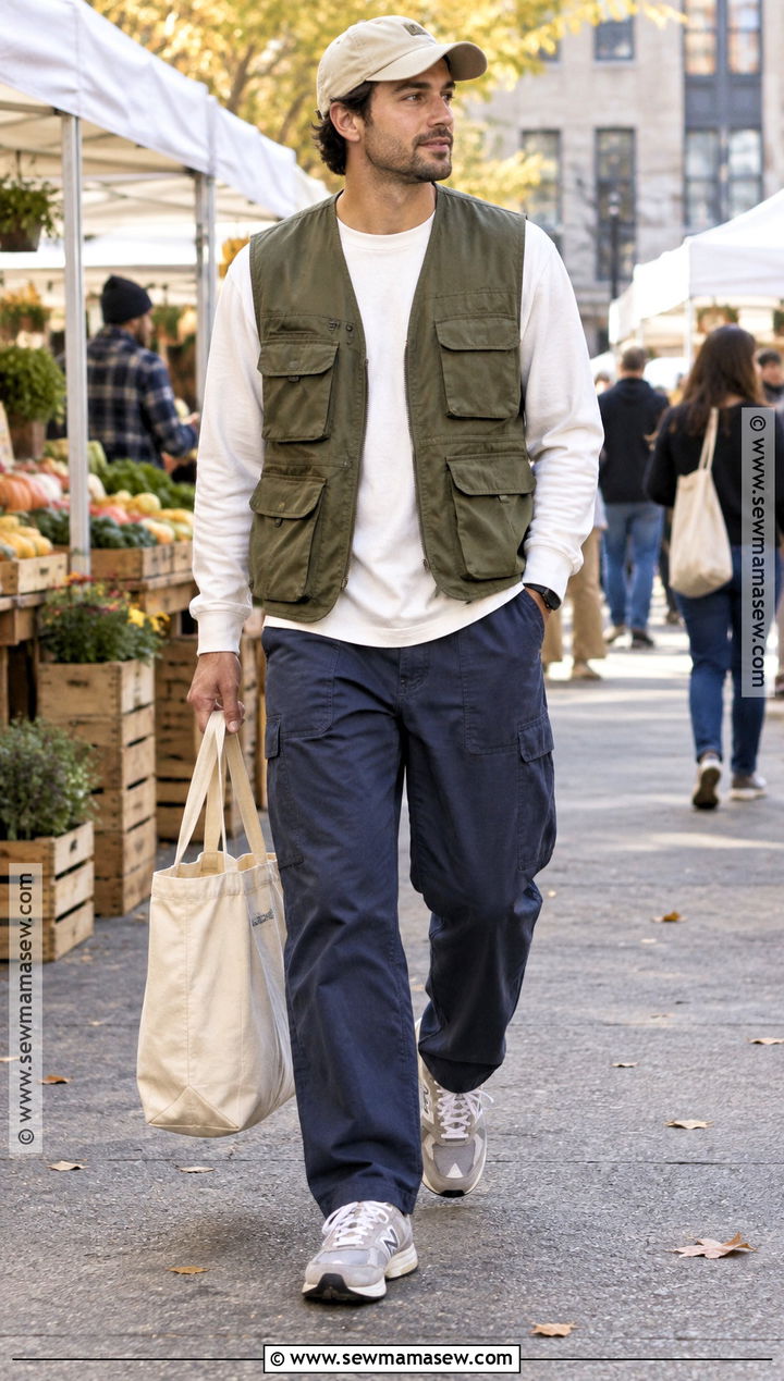 Utility Vest With Long Sleeve T Shirt and Fatigue Pants - 15 Mens Fall Vest Outfit Ideas