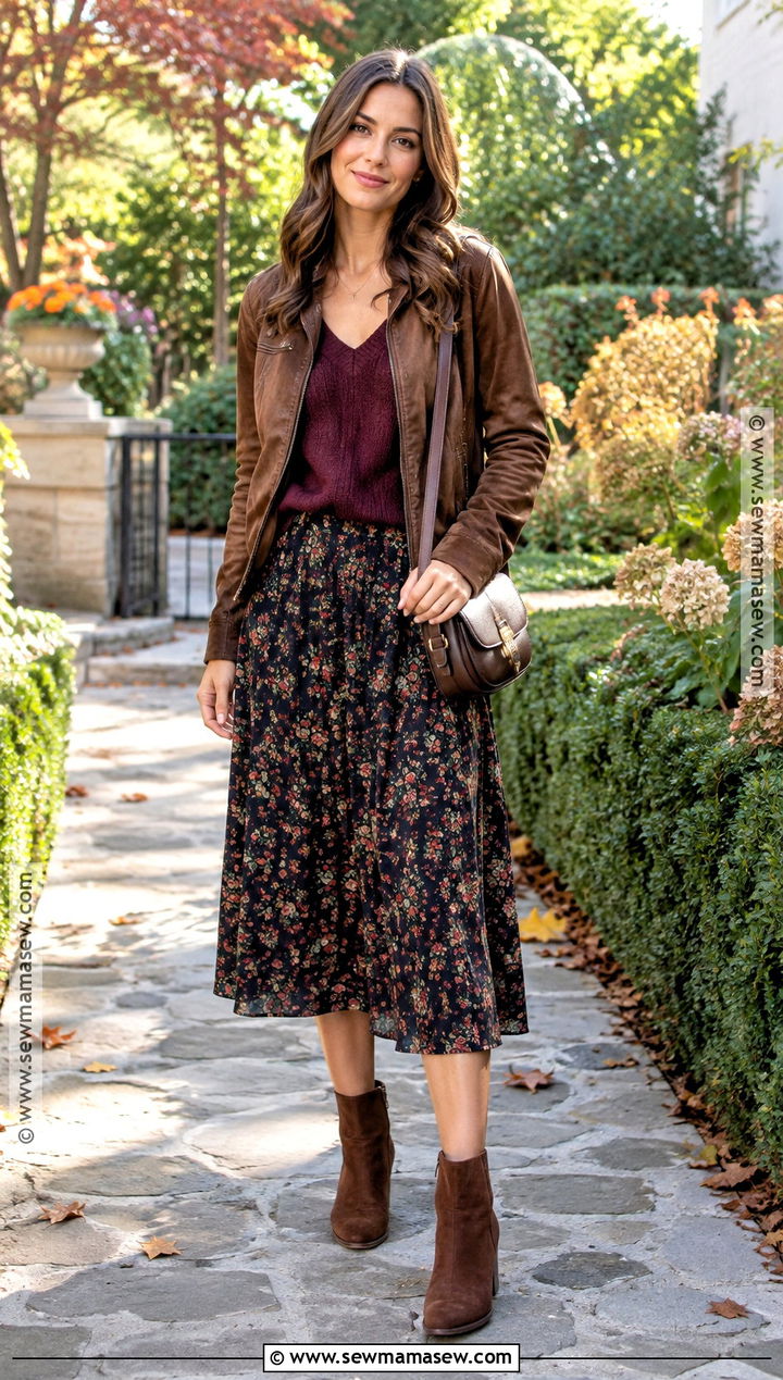 V Neck Sweater And Floral Midi Skirt Outfit - 20 sweater and skirt outfit autumn ideas