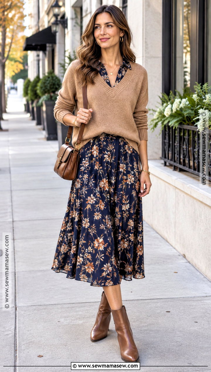V Neck Sweater Over Printed Dress Outfit - 20 sweater over dress outfit autumn ideas