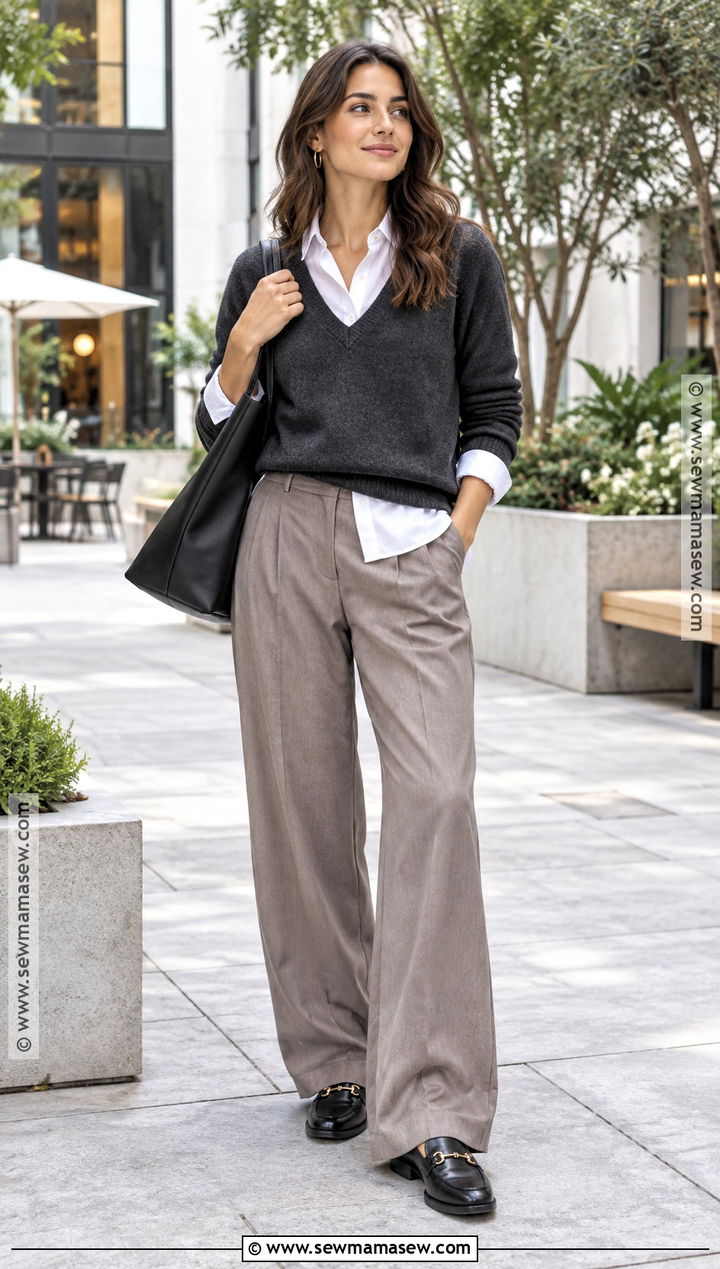 V Neck Sweater With Button Down And Trousers - 15 casual fall sweater style ideas
