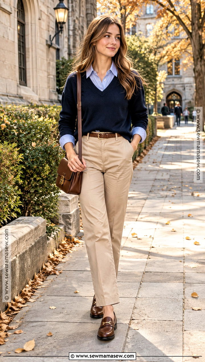 V Neck Sweater With Button Down Shirt And Chinos - 20 Fall Sweaters Outfits