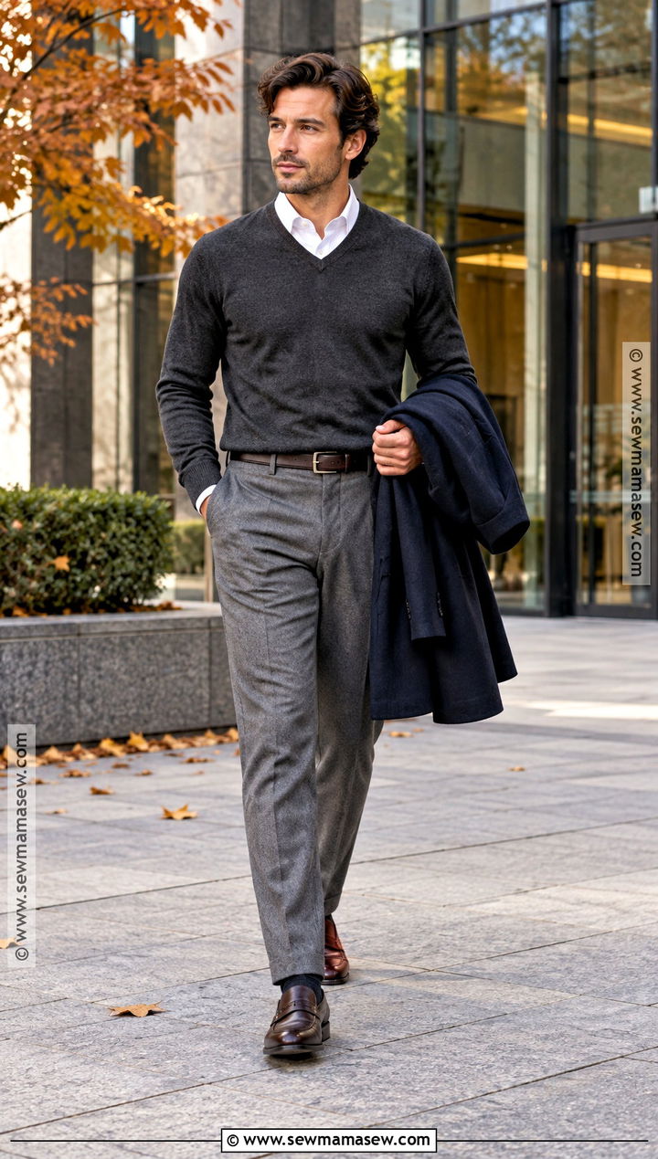 V Neck Sweater With Dress Shirt And Wool Trousers - 15 autumn sweater ideas for men