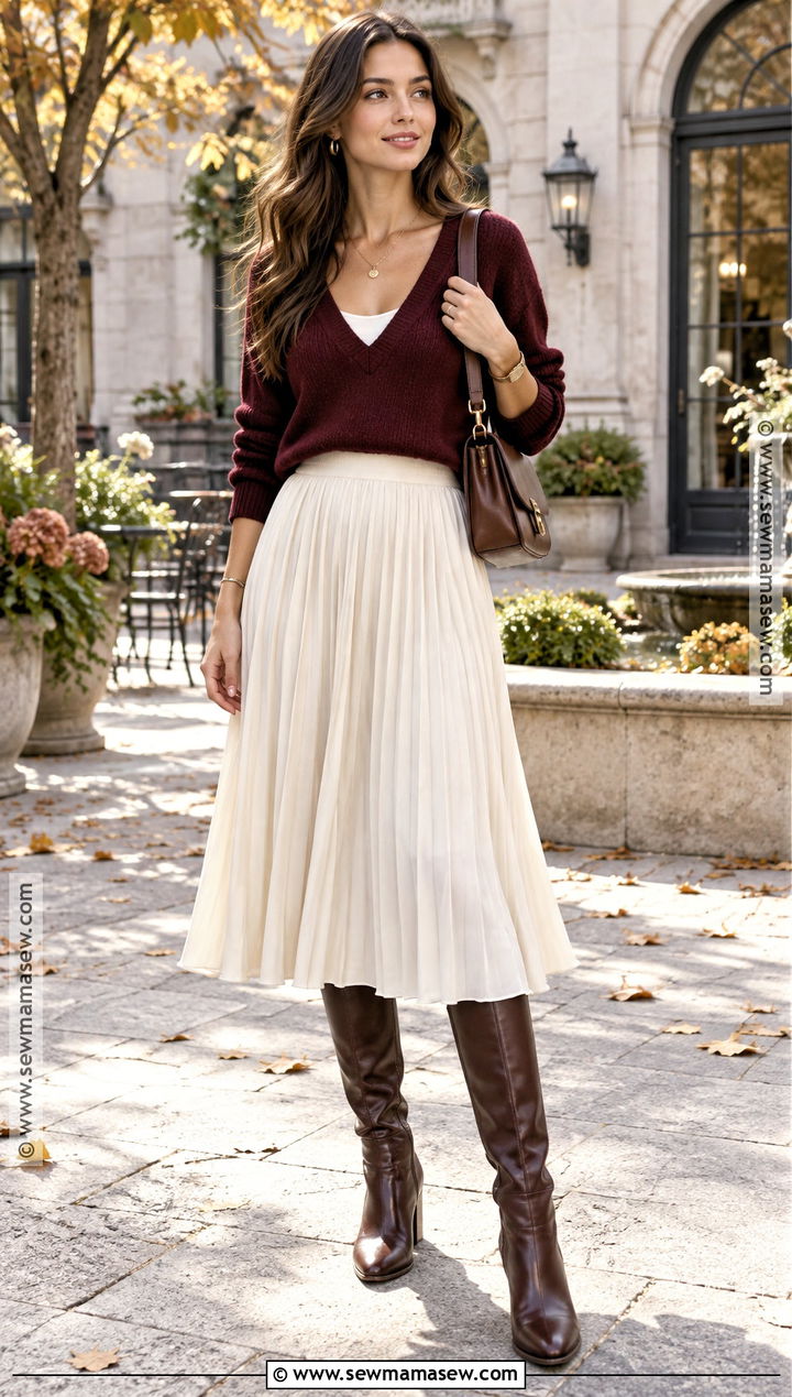 V Neck Sweater With Midi Skirt - 15 fall cozy sweaters