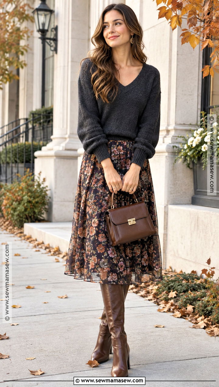 V Neck Sweater With Midi Skirt - 15 comfy fall sweaters