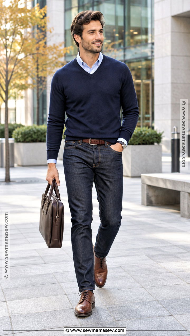 V Neck Sweater With Oxford Shirt And Dark Jeans - 15 mens fall sweaters outfits