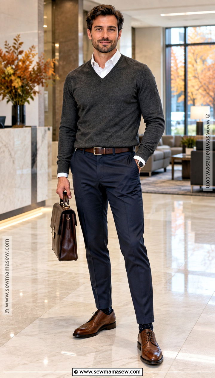 V Neck Sweater With Oxford Shirt And Dress Pants - 15 fall outfits men autumn sweaters