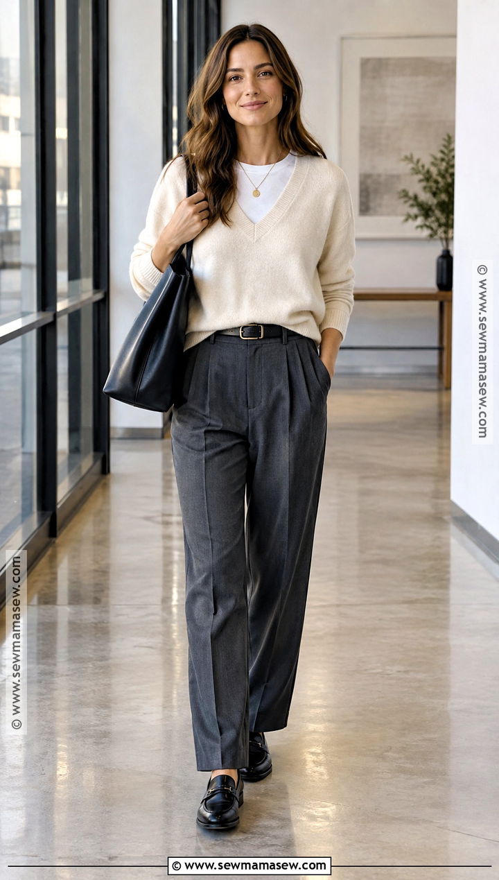 V Neck Sweater With Pleated Trousers - 20 sweater outfits fall