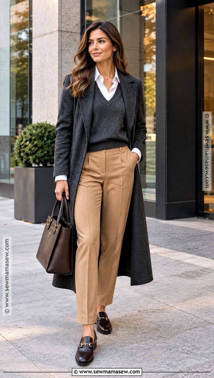 V Neck Sweater With Tailored Trousers - 15 Fall Sweater Weather Ideas