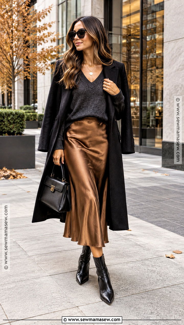 V Neck Sweater and Slip Skirt Outfit - 20 sweater skirt outfit fall ideas