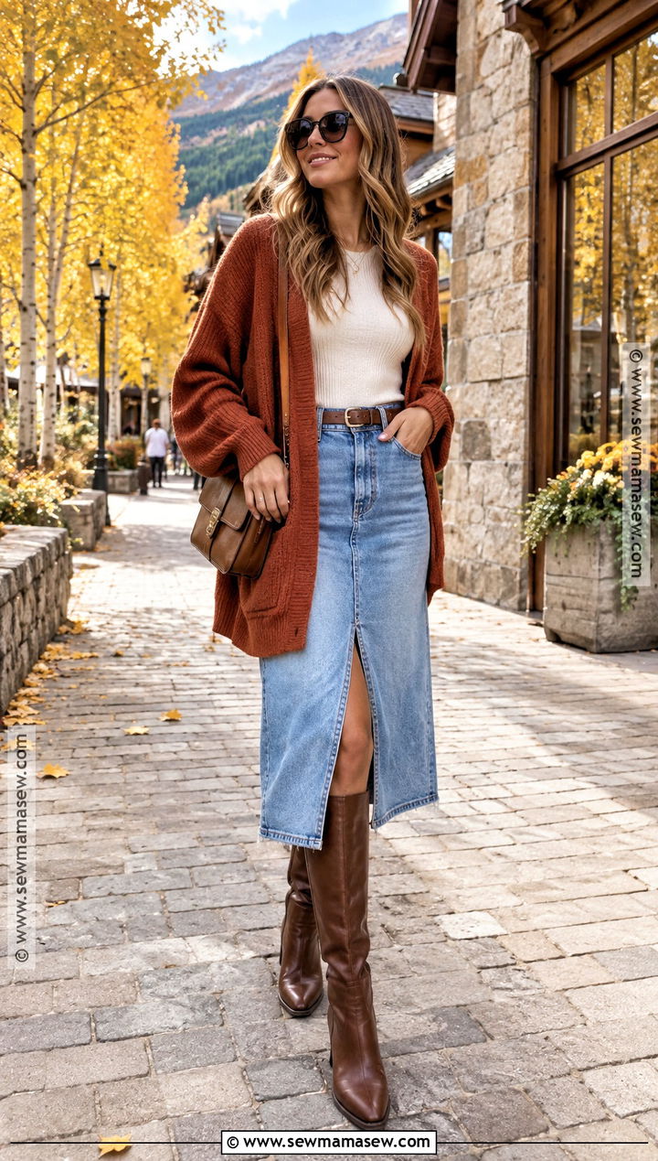 Vail Fall Cardigan And Denim Skirt Outfit - 15 vail colorado fall outfits