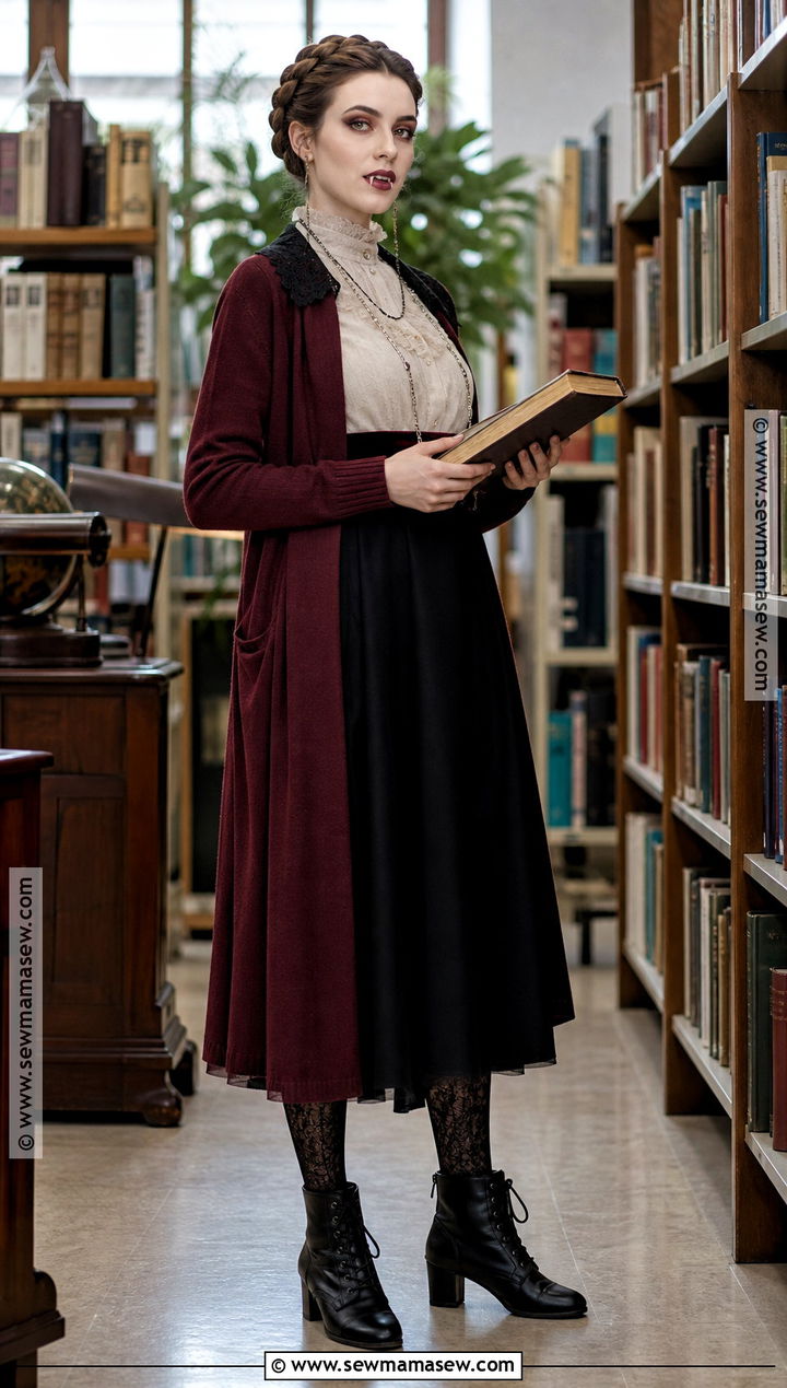 Vampire Librarian Costume With Long Cardigan - 30 Halloween Vampire Costumes for Women