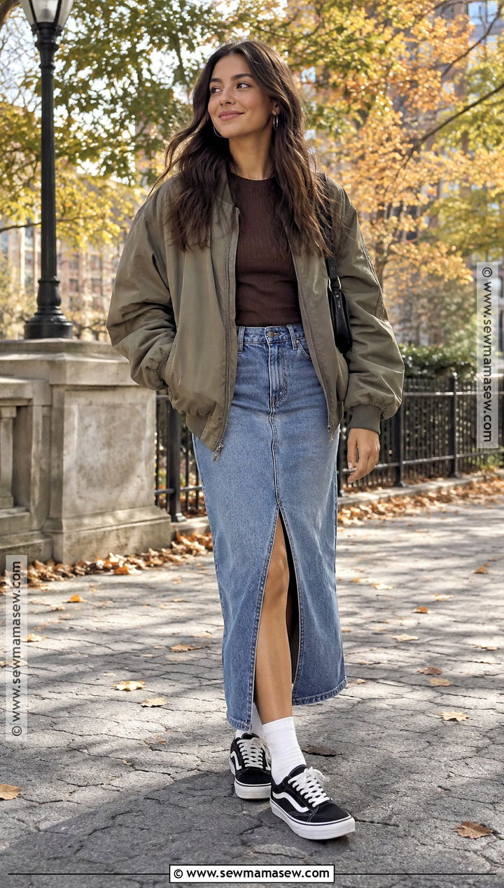 Vans With Denim Skirt And Bomber Jacket - 20 vans outfit fall ideas