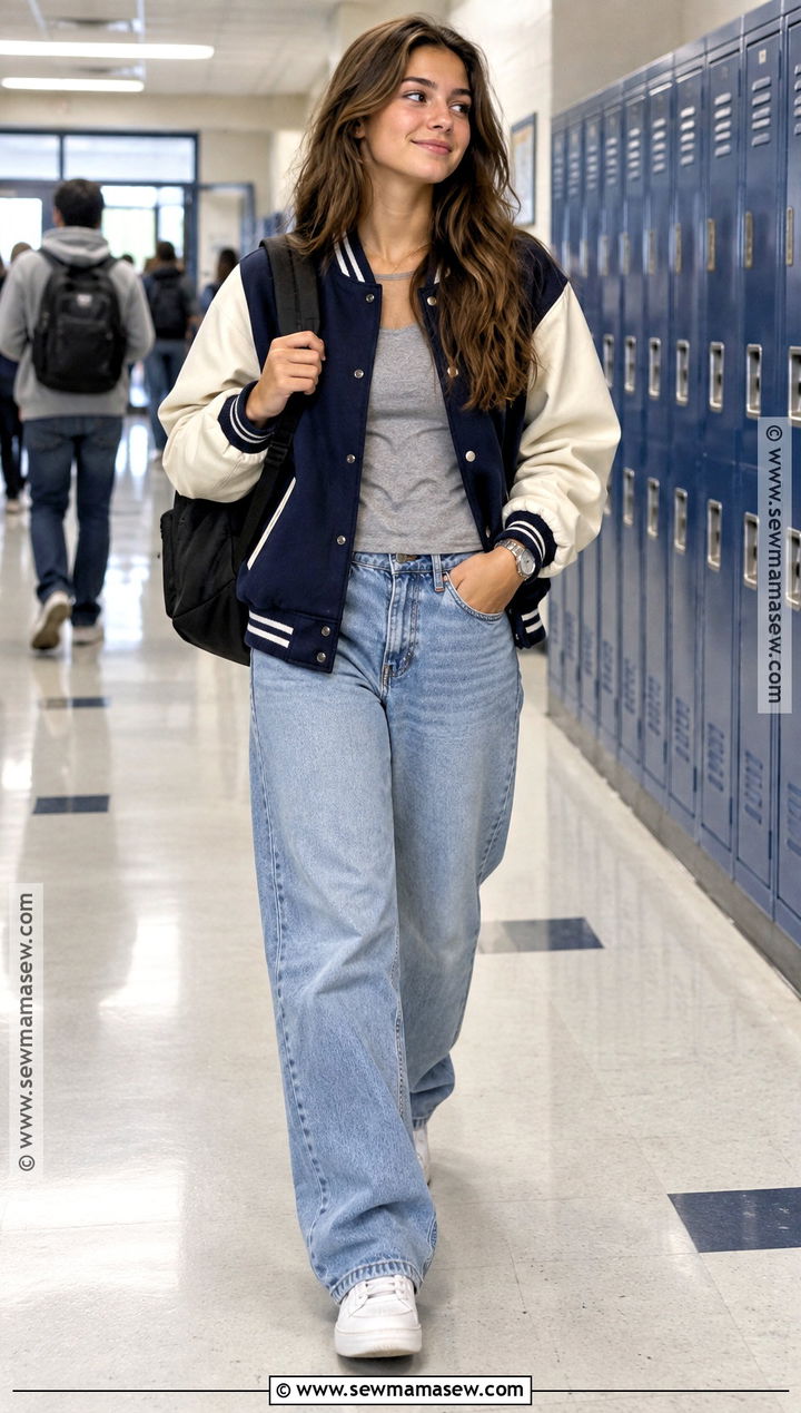 Varsity Jacket And Baggy Jeans High School Outfit - 15 back to school highschool freshman outfit ideas