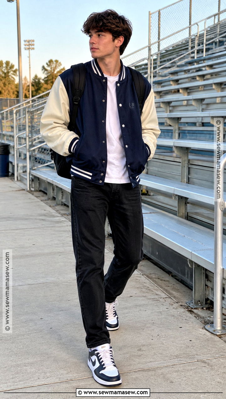 Varsity Jacket And Black Jeans Fall School Outfit - 30 fall outfits for school