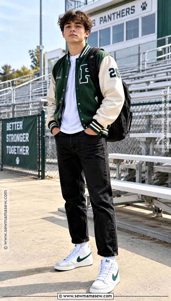 Varsity Jacket And Black Jeans School Outfit - 15 back to school looks for high school