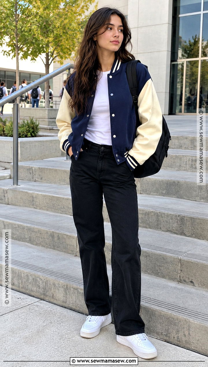 Varsity Jacket And Black Pants School Outfit - 25 fall outfit ideas for school