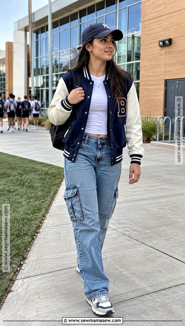 Varsity Jacket And Cargo Jeans Back To School Outfit - 20 cute outfits for back to school